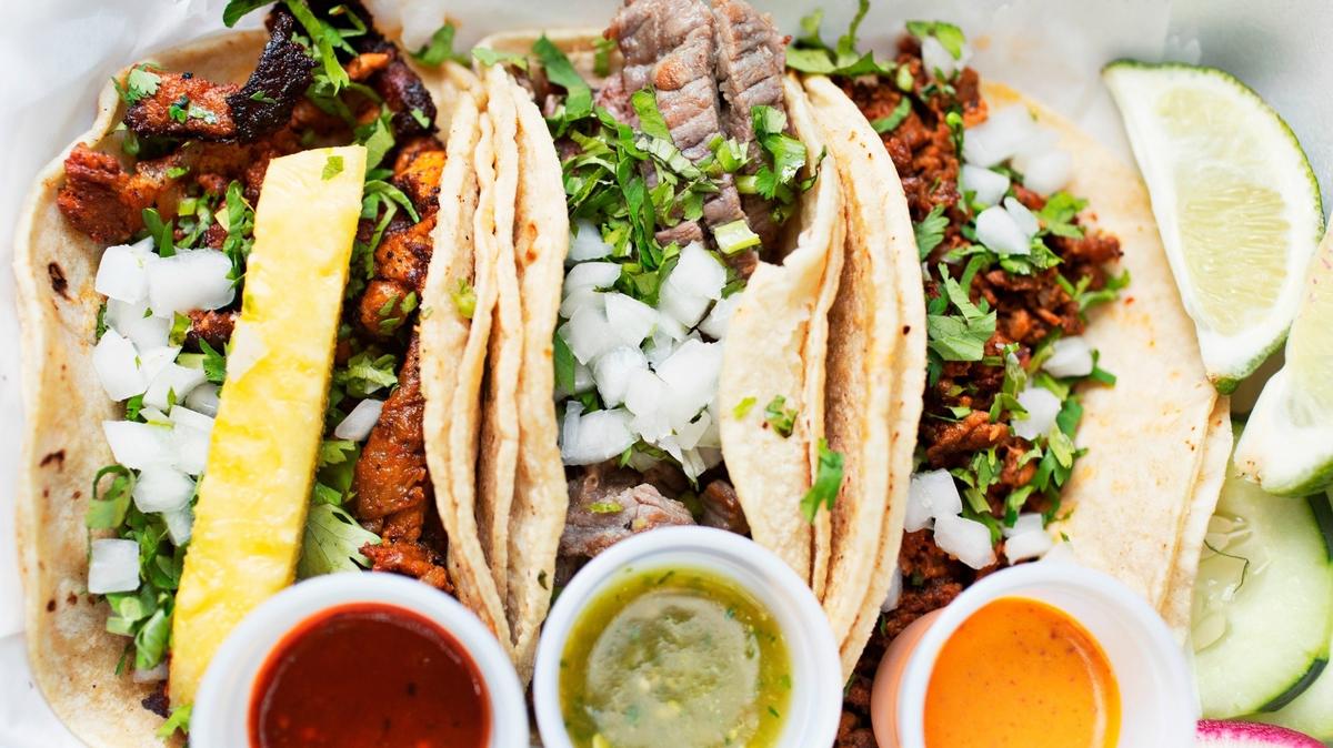 Chorizo, cecina and al pastor tacos from Gym Tacos food truck in Raleigh.