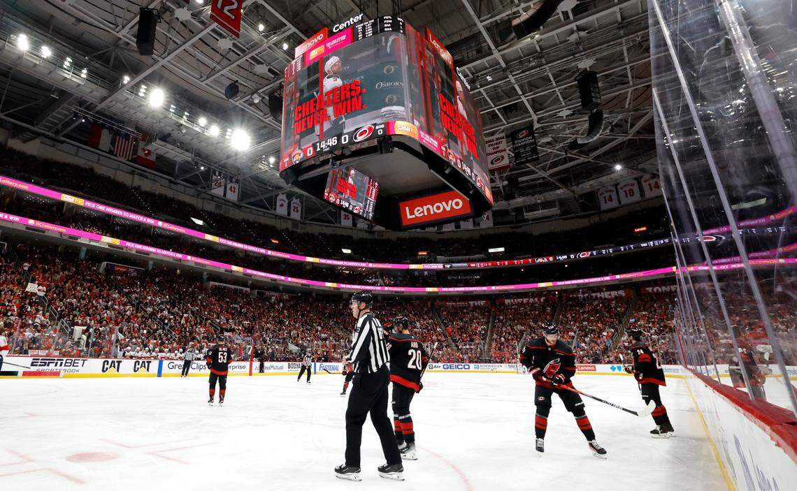 Panthers’ Sam Bennett (9) heads into the penalty box after being called for hooking in the first period of Florida’s game against the Carolina Hurricanes in Game 1 of the Eastern Conference Finals at the Lenovo Center in Raleigh, N.C., Tuesday, May 20, 2025.