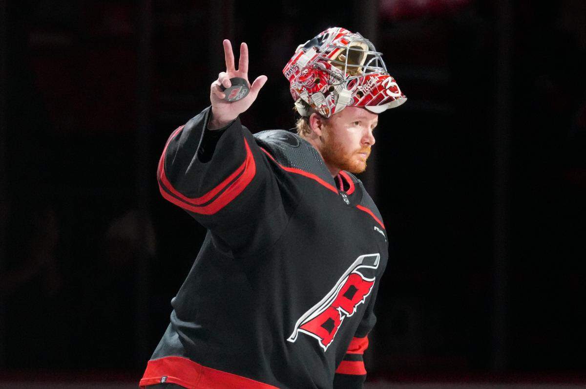 Carolina Hurricanes goaltender Frederik Andersen (31) celebrates their win against the Toronto Maple Leafs at PNC Arena.