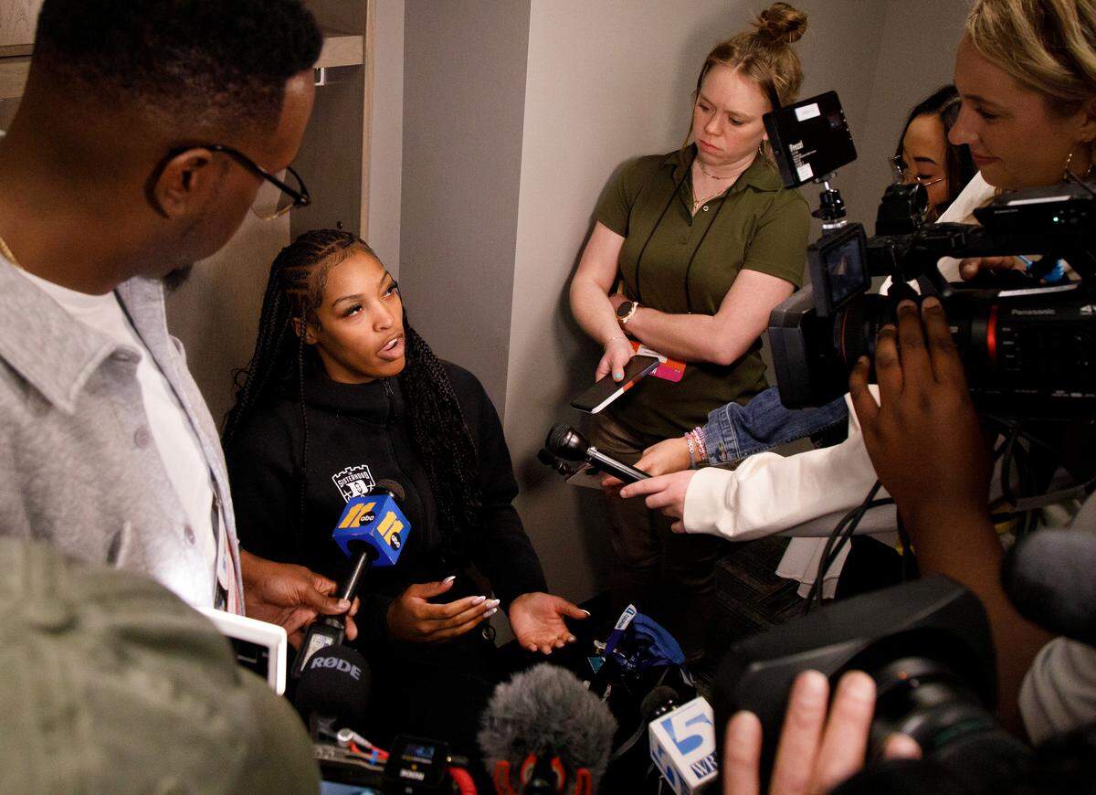 Duke’s Ashlon Jackson answers questions from media in the locker room at Legacy Arena on Thursday, March 27, 2025, in Birmingham, Ala. The Blue Devils will face North Carolina in the NCAA Tournament Sweet 16 on Friday.