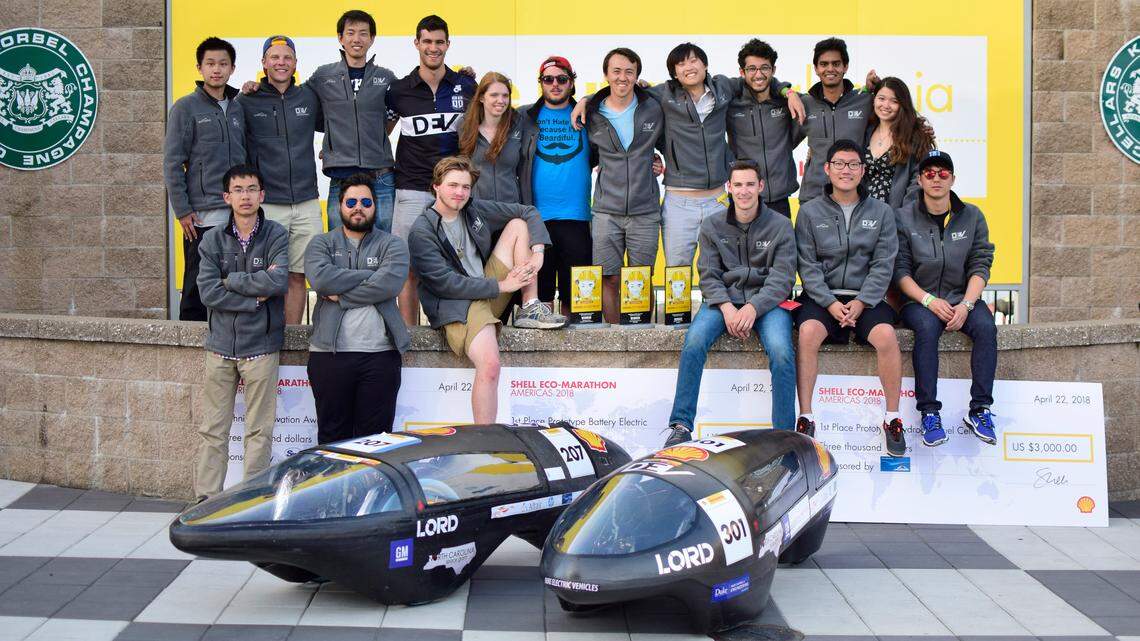 The Duke team with their cars and awards in Sonoma, Calif. at the Shell Eco-Marathon in April 2018.