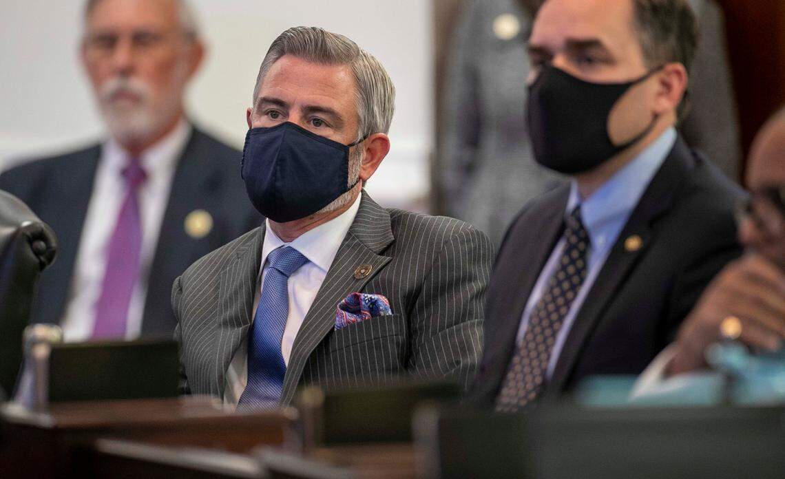 Senator Kirk deViere of Cumberland County, listens to debate on SB 105, the state budget, during the Senate session on Wednesday, November 17, 2021 in Raleigh, N.C.