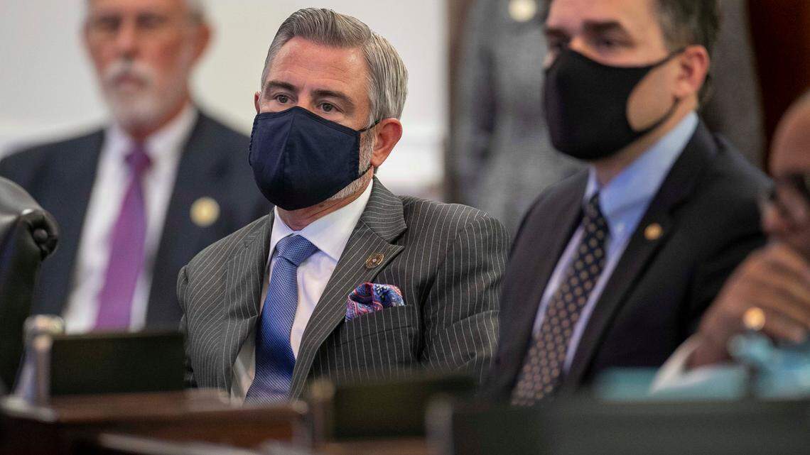 Senator Kirk deViere of Cumberland County, listens to debate on SB 105, the state budget, during the Senate session on Wednesday, November 17, 2021 in Raleigh, N.C.