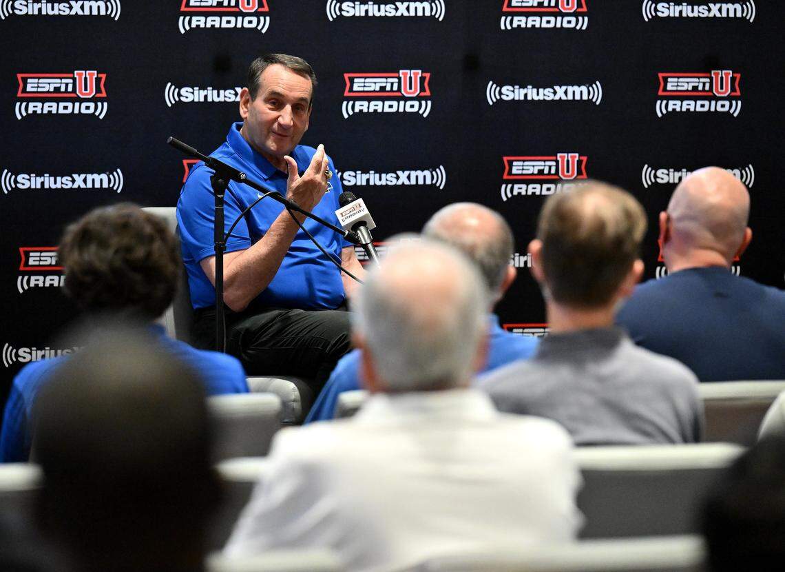 Mike Krzyzewski, retired head coach of the Duke Blue Devils men’s basketball team, tapes an episode of his SiriusXM show during a SiriusXM Town Hall With Coach K event at Cameron Indoor Stadium on June 02, 2022 in Durham, North Carolina.