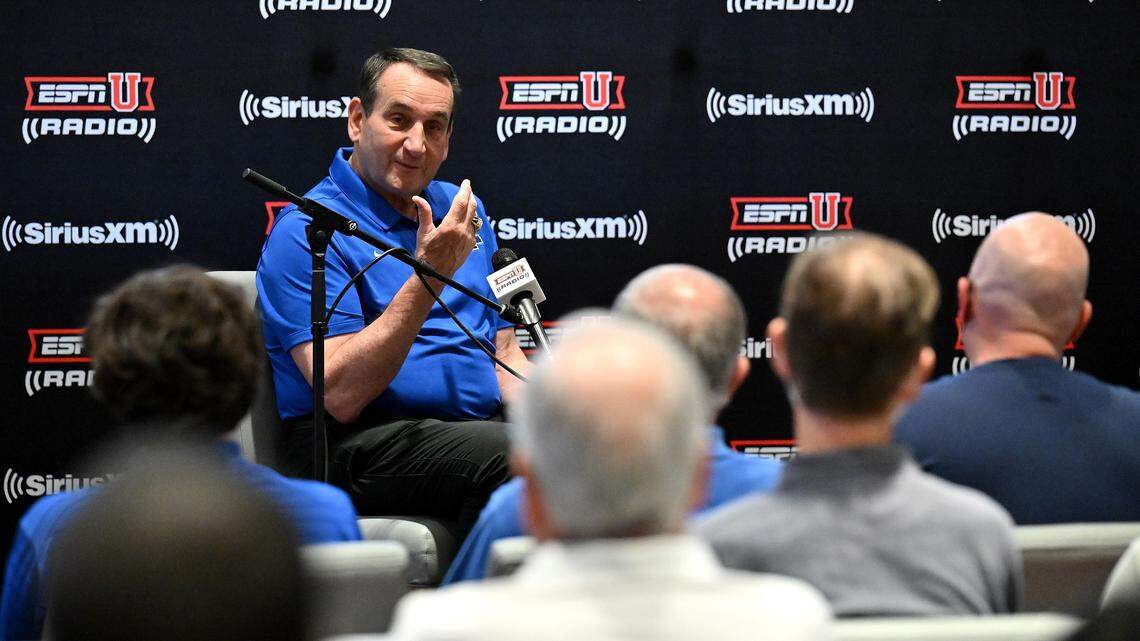 Mike Krzyzewski, retired head coach of the Duke Blue Devils men’s basketball team, tapes an episode of his SiriusXM show during a SiriusXM Town Hall With Coach K event at Cameron Indoor Stadium on June 02, 2022 in Durham, North Carolina.