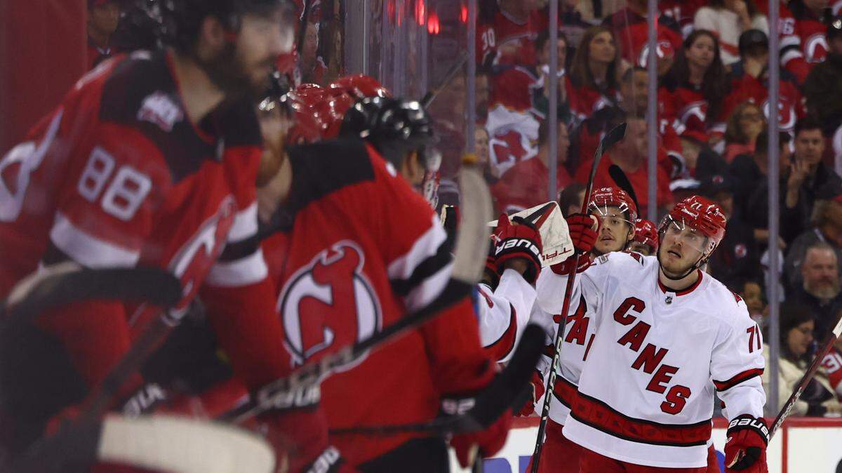 Carolina Hurricanes right wing Jesper Fast (71) celebrates his goal against the New Jersey Devils during the second period in game four of the second round of the 2023 Stanley Cup Playoffs at Prudential Center.