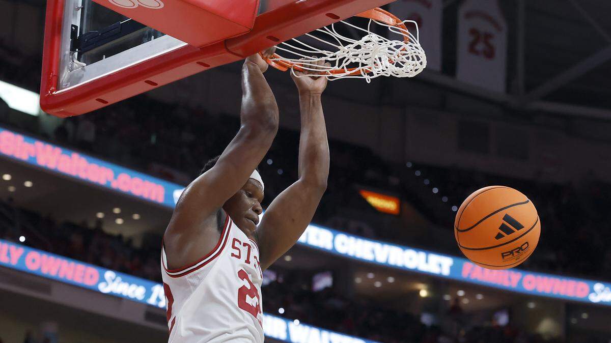 N.C. State’s Ven-Allen Lubin slams in two during the second half of the Wolfpack’s 114-66 win over North Carolina Central at Lenovo Center on Monday, Nov. 3, 2025, in Raleigh, N.C.
