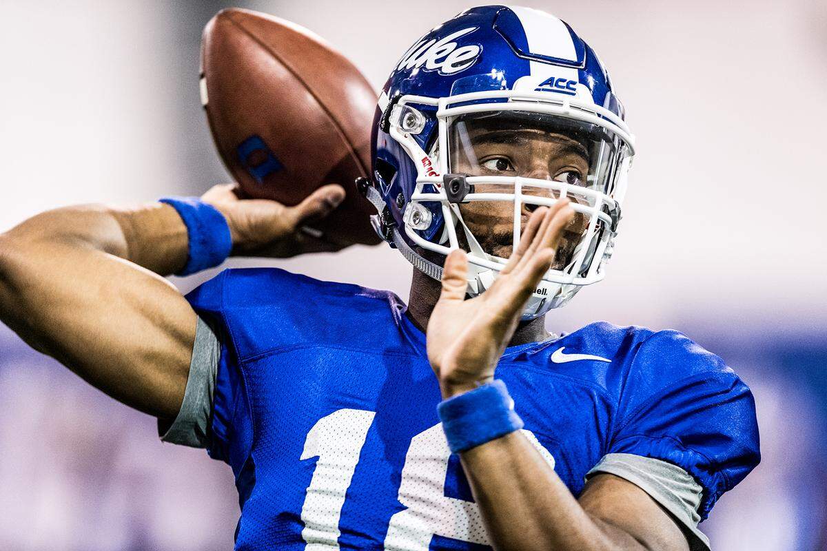 Duke quarterback Quentin Harris throws a pass during the Blue Devils’ practice on March 4, 2019, at Durham. Harris takes over the starting role this season after Daniel Jones’ departure to the NFL.