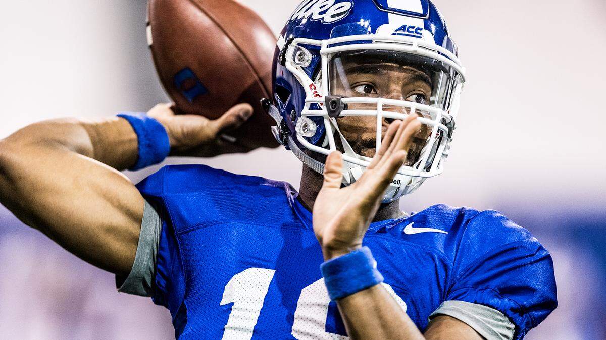 Duke quarterback Quentin Harris throws a pass during the Blue Devils’ practice on March 4, 2019, at Durham. Harris takes over the starting role this season after Daniel Jones’ departure to the NFL.