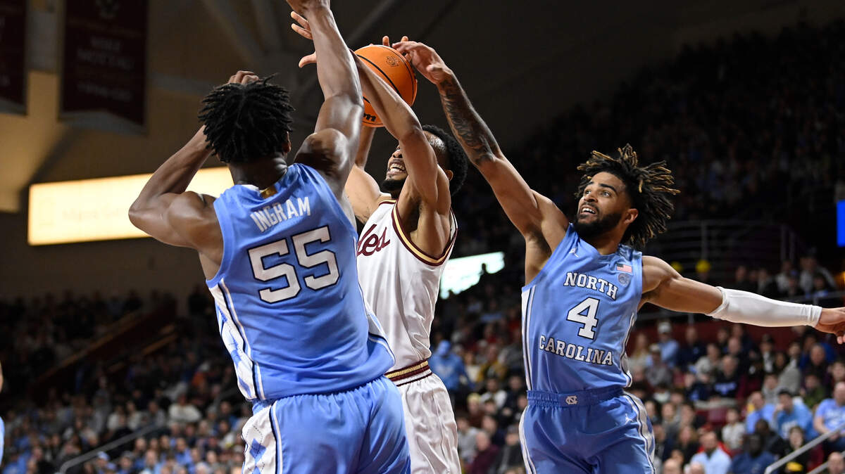 Boston College Eagles guard Claudell Harris Jr. (1) is defended by North Carolina Tar Heels guard RJ Davis (4) during the second half at Conte Forum. 