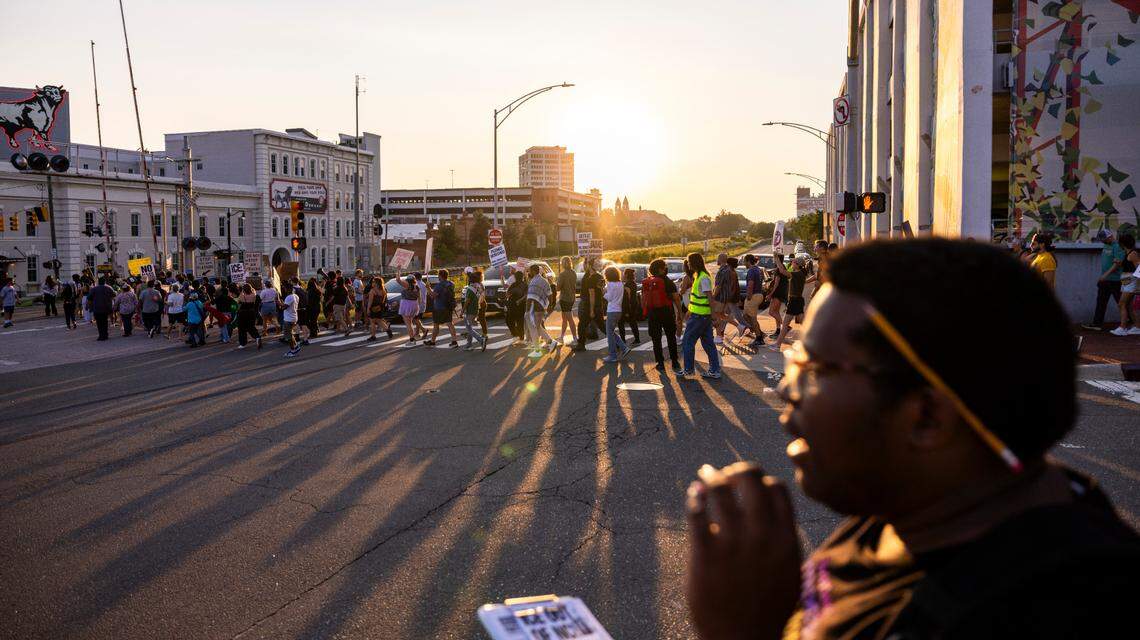 Demonstrators march in downtown Durham following a rally organized by the Party for Socialism and Liberation at CCB Plaza on Wednesday, July 23, 2025, demanding that ICE officers stay out of the city. An organizer with Siembra NC said federal Immigration and Customs Enforcement officers were at the Durham County Courthouse to detain a man scheduled to appear in court that day. The unidentified man did not show up.