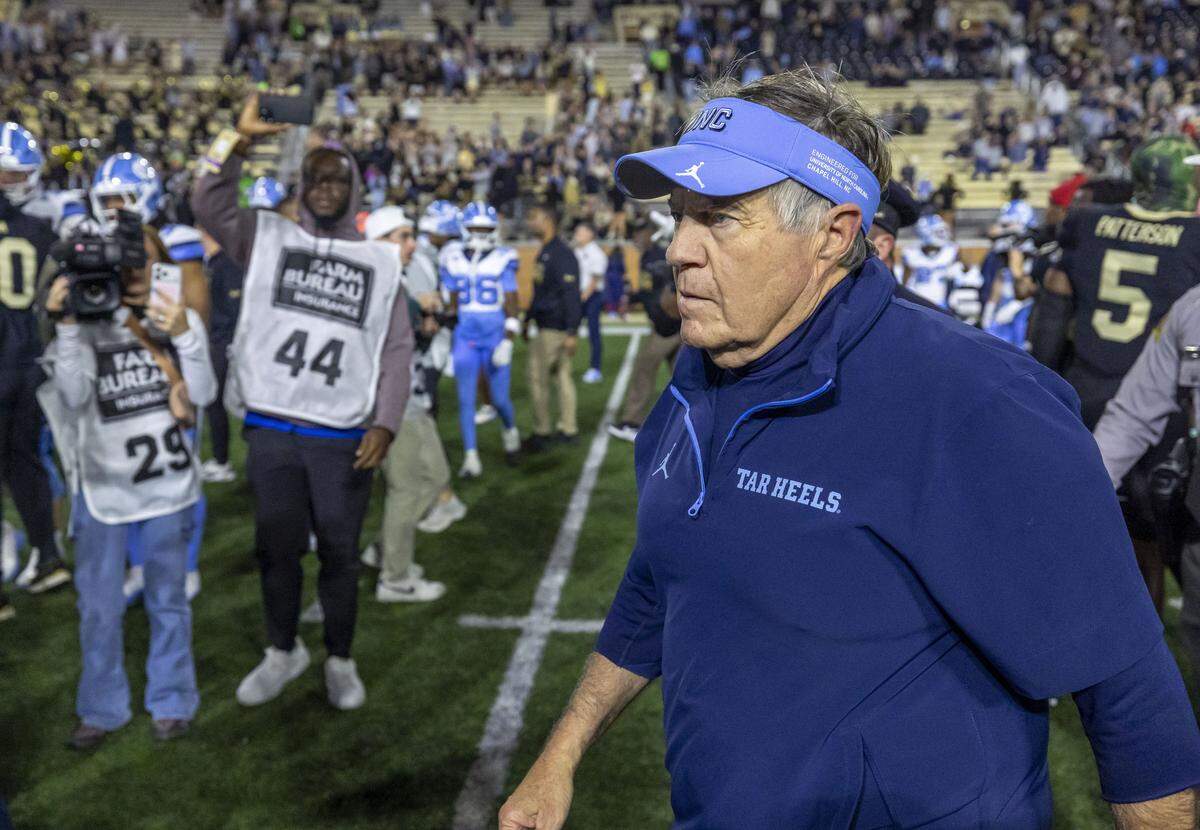 North Carolina coach Bill Belichick leaves the field following the Tar Heels’ 28-12 loss to Wake Forest on Saturday, November 15, 2025 at Allegacy Stadium in Winston-Salem, N.C.