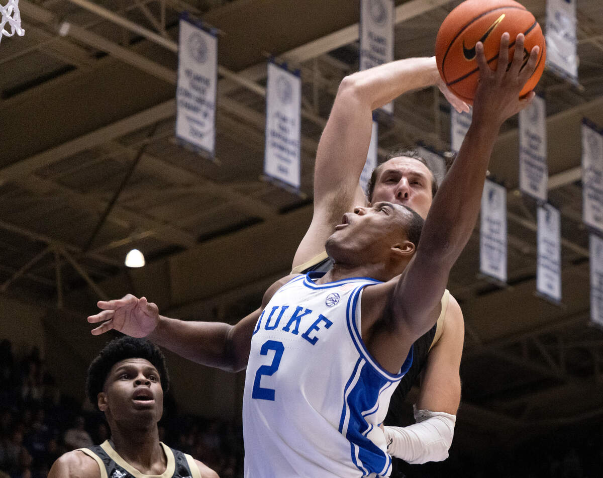 Duke’s Jaylen Blakes drives to the basket past UNC Pembroke’s Steven Lassiter during the second half of the Blue Devils’ 109-64 exhibition win on Wednesday, Nov. 1, 2023, at Cameron Indoor Stadium in Durham, N.C.