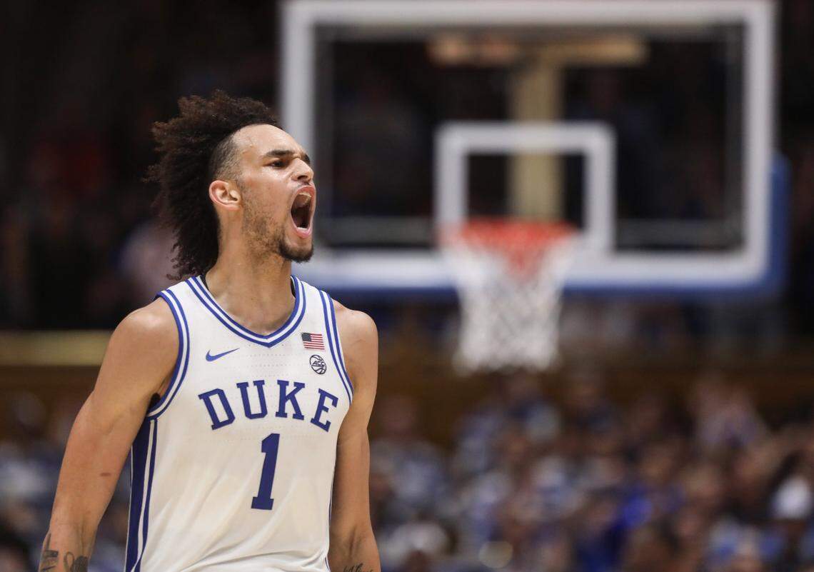 Duke’s Dereck Lively II reacts during the first half of Duke’s final regular-season home game against N.C. State on Tuesday, Feb. 28, 2023, at Cameron Indoor Stadium in Durham, N.C.