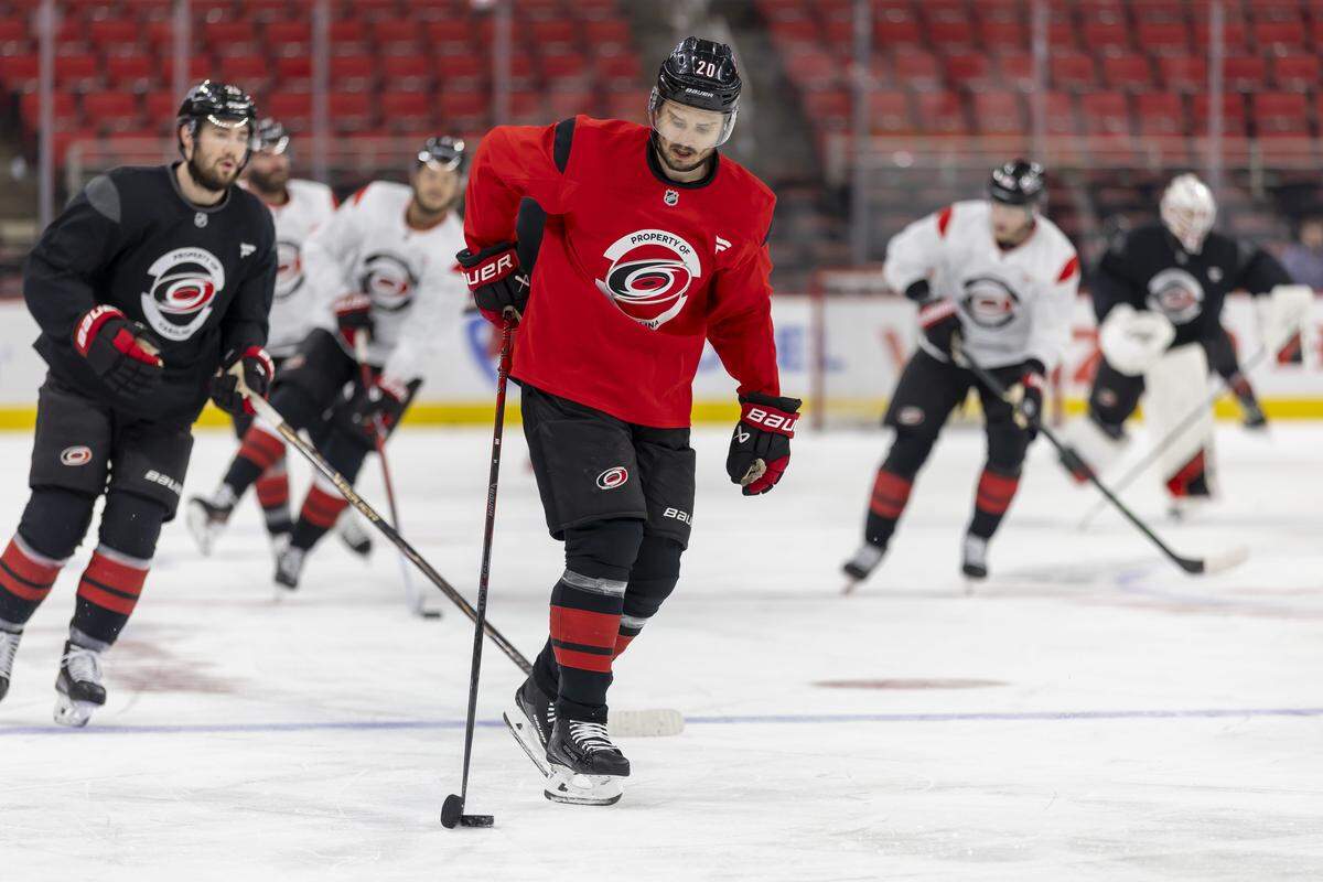 Carolina Hurricanes center Sebastian Aho (20) skates with his teammates during practice on Monday, June 1, 2026 at Lenovo Center in Raleigh, N.C.  