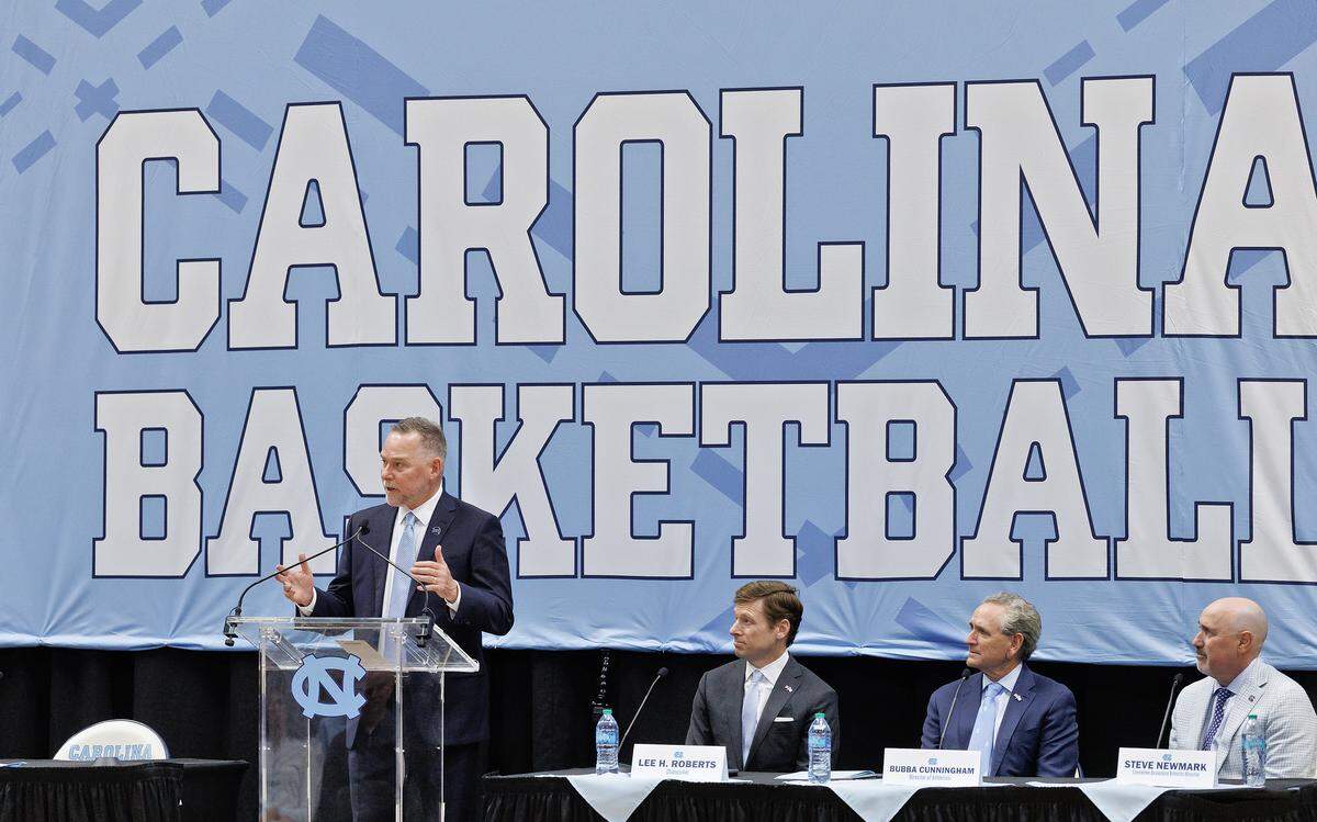New North Carolina men’s basketball head coach Michael Malone speaks during a press conference at the Smith Center on Tuesday, April 7, 2026, in Chapel Hill, N.C.