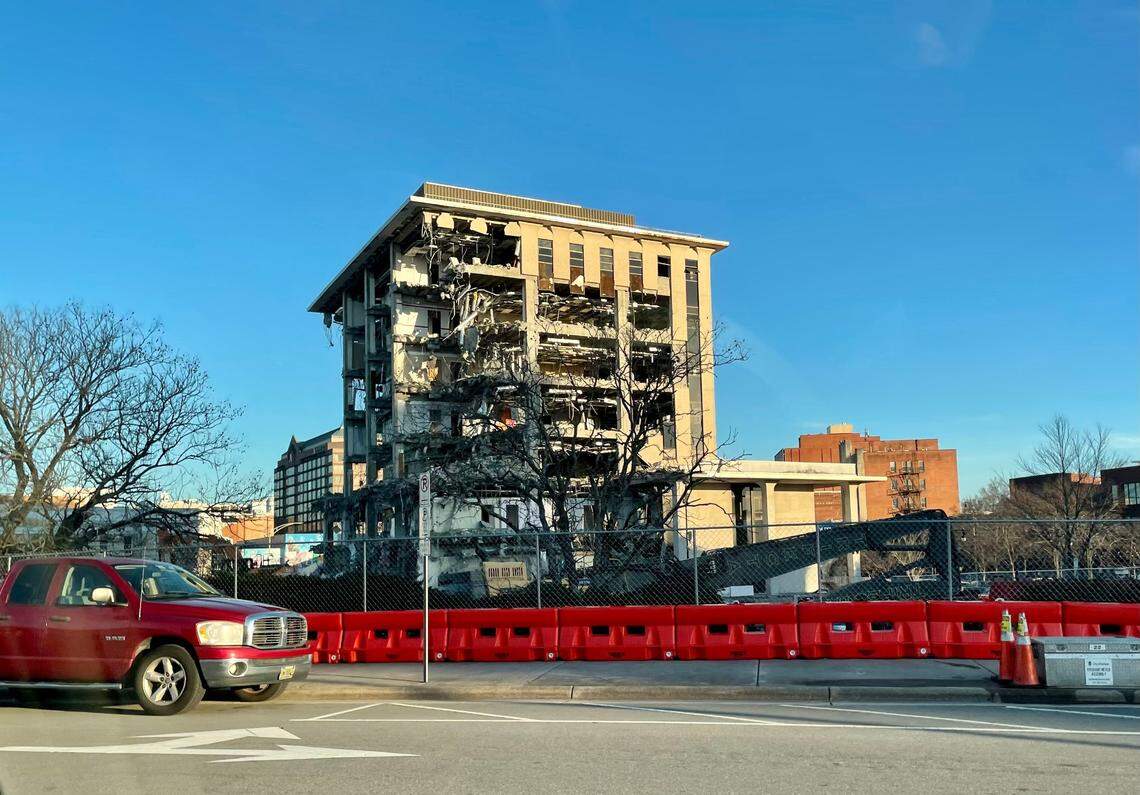 The South Bank building in the process of being demolished in downtown Durham.