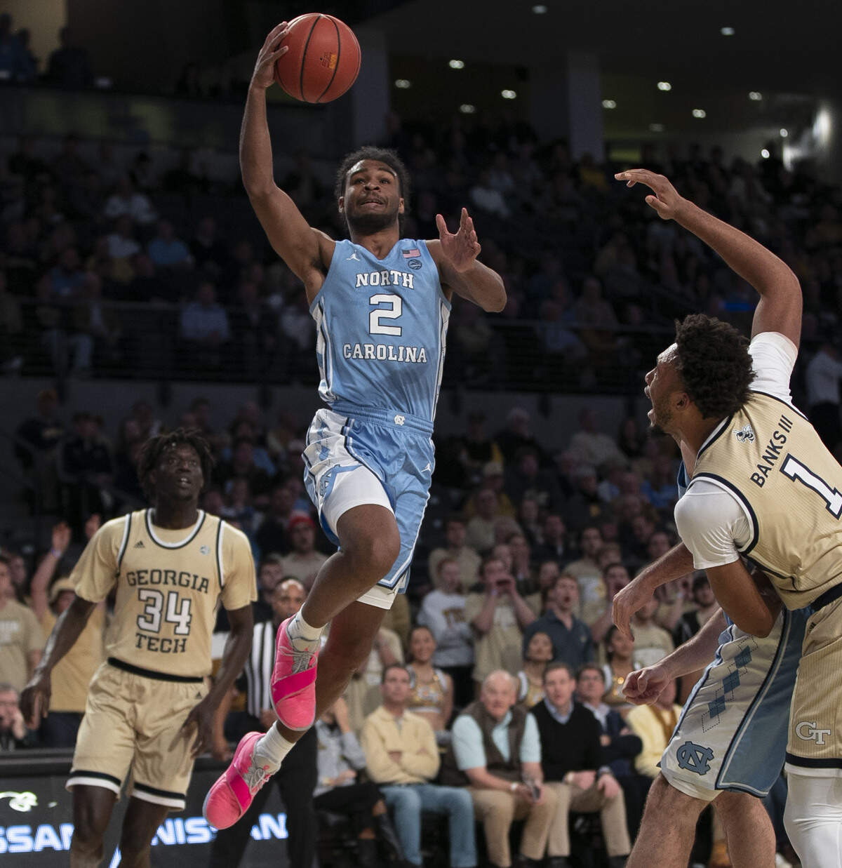 North Carolina’s Coby White (2) drives to the basket against Georgia Tech’s James Banks III (1) during the first half on Tuesday, January 29, 2019 at McCamish Pavilion in Atlanta, Georgia. White scored 19 points in the Tar Heels’ victory.