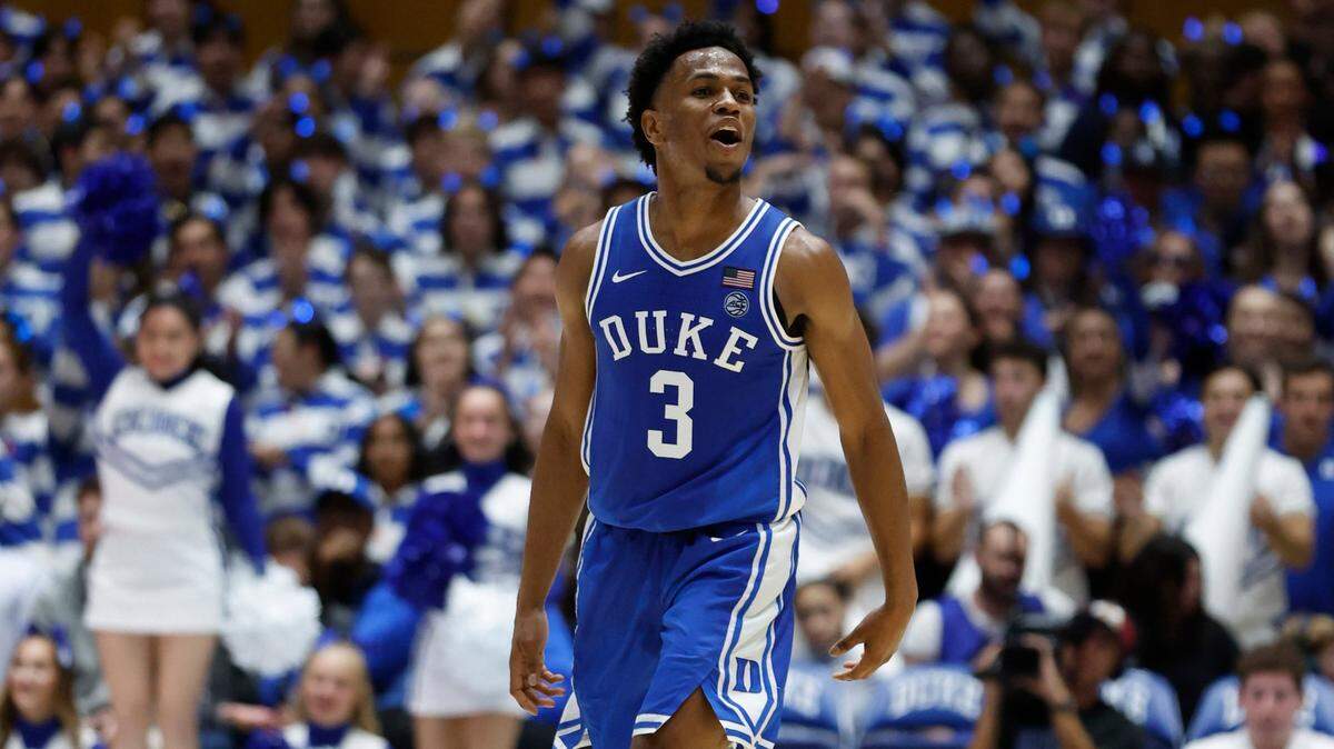 Duke’s Jeremy Roach (3) celebrates after hitting a three-pointer during the Blue-White scrimmage during Duke’s Countdown to Craziness at Cameron Indoor Stadium in Durham, N.C., Friday, Oct. 21, 2022.