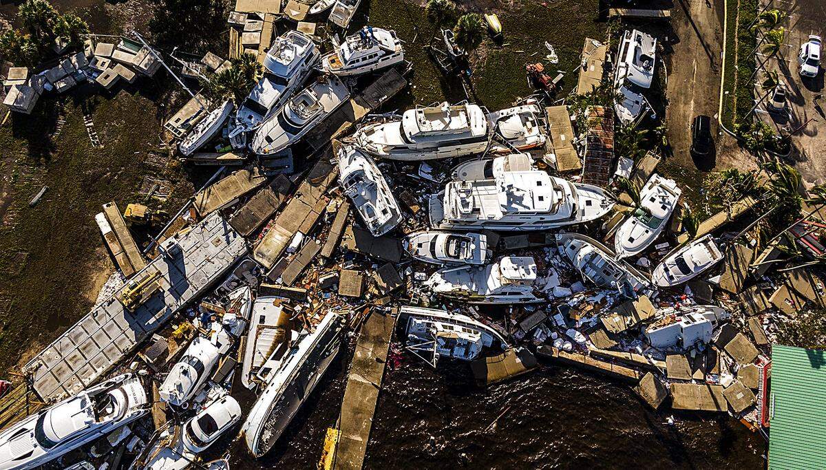 Scene of boats that were run aground in the Legacy Harbour Marina in Fort Myers a day after Hurricane Ian hits the West Coast of Florida as Category 4 storm, on Thursday September 29, 2022