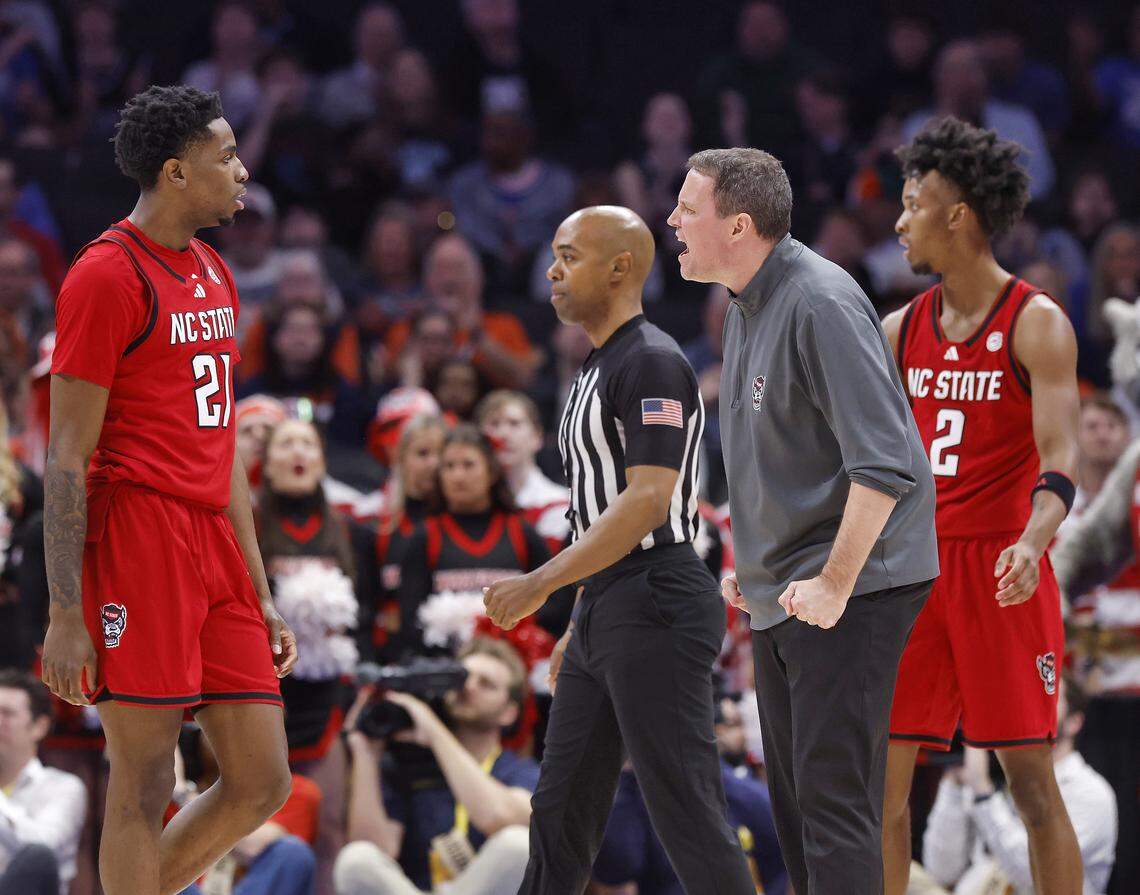 N.C. State head coach Will Wade reacts during a timeout in the first half of the Wolfpack’s 81-74 loss to Virginia in the ACC Tournament quarterfinals on Thursday, March 12, 2026, at the Spectrum Center in Charlotte, N.C. 