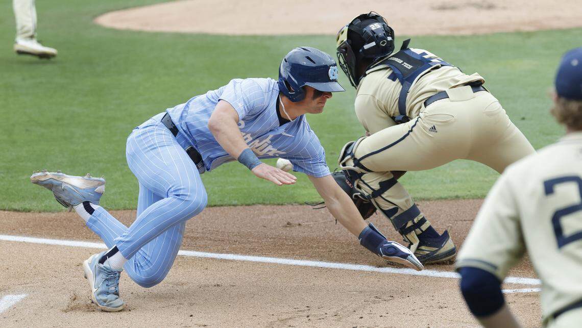 North Carolina's Jake Schaffner (2) beats the throw to home to score in the first inning during Georgia Tech’s 5-2 victory over UNC at Boshamer Stadium in Chapel Hill, N.C., Sunday, April 19, 2026.