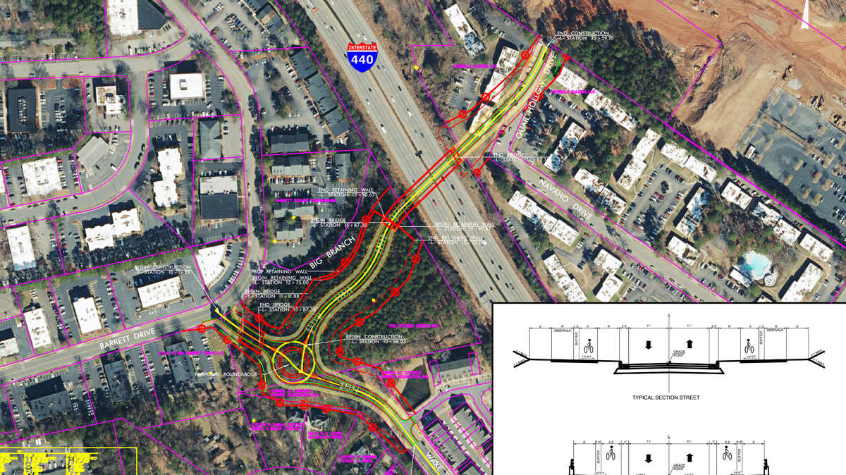 This is one of three options the City of Raleigh is considering for a new Midtown bridge over the Interstate 440 Beltline, between Six Forks and Wake Forest Roads. The bridge would connect St. Albans and Navaho drives on the north side of the highway with Barrett and Wake Towne drives on the south.