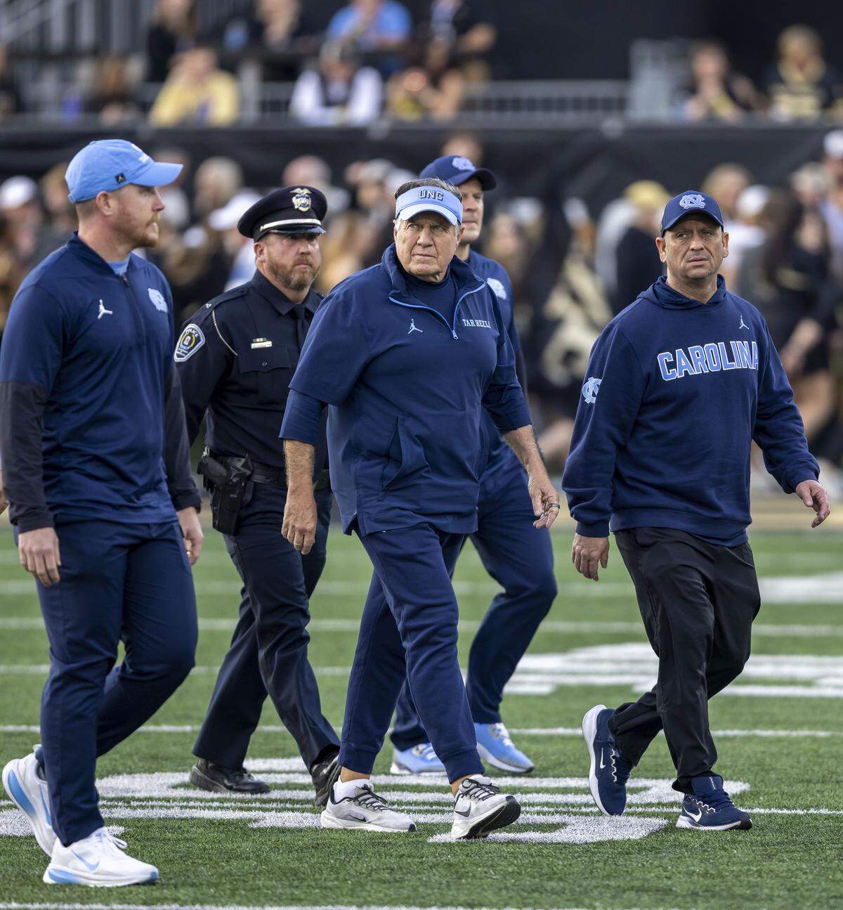 North Carolina coach Bill Belichick arrives for the Tar Heels game against Wake Forest on Saturday, November 15, 2025 at Allegacy Stadium in Winston-Salem, N.C.