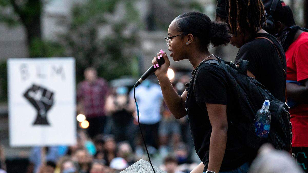 Nyee’ya Williams, 17,  in June 2020 at a Raleigh protest. In 2023, the city paid Williams $37,500 after she was wrongfully arrested at a protest. 