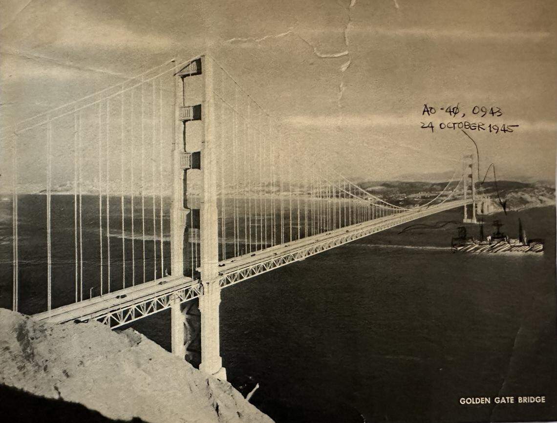 Ford S. Worthy Jr. wrote but never mailed this postcard showing a Navy oiler much like his own under the Golden Gate Bridge in San Francisco, where he finished World War II.