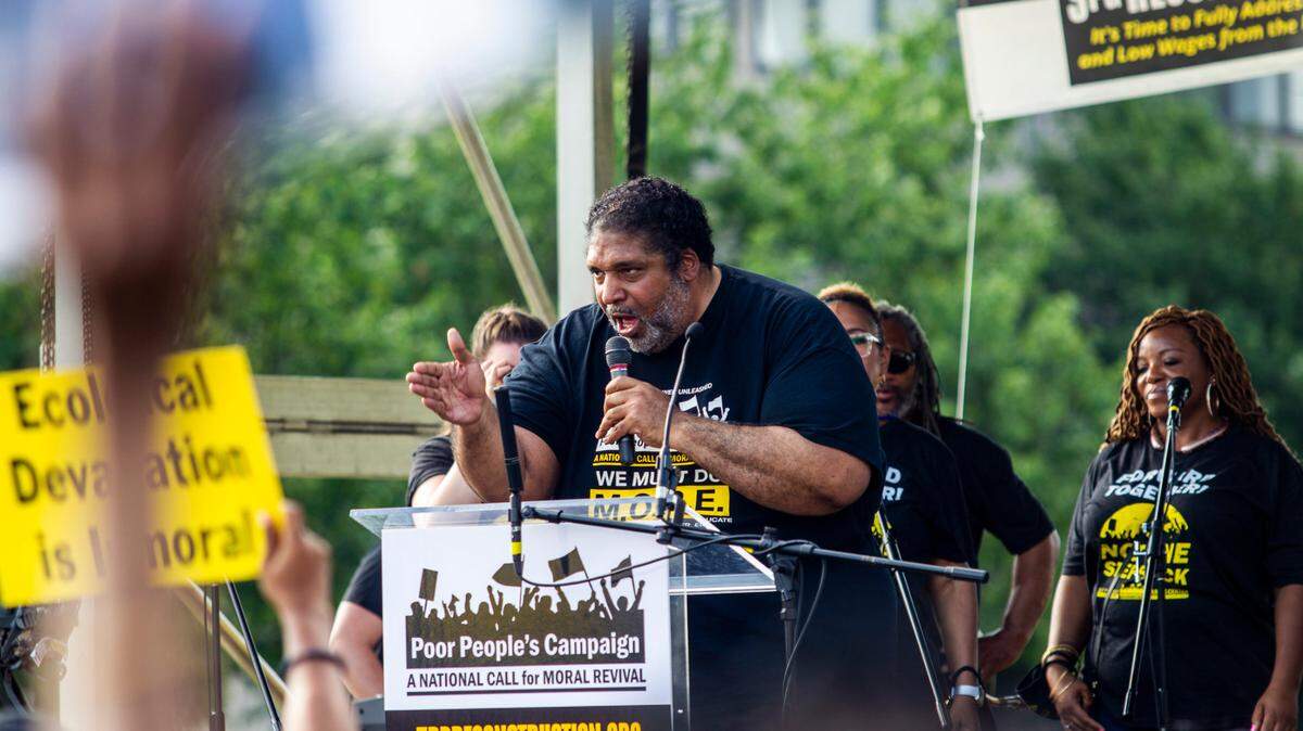 The Rev. Dr. William J. Barber II leads a National Poor People’s Campaign rally Monday, June 21, 2021 at Halifax Mall in Raleigh. The campaign kicked off what is billed as a year’s worth of events leading up to a mass march on Washington in June 2022.