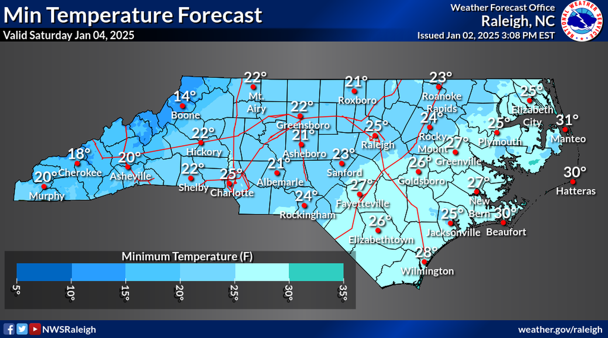 Arctic air coming in this weekend will drive temperatures down on Saturday night into the 20s in central North Carolina, in the 30s along the coast and the teens in the mountains.