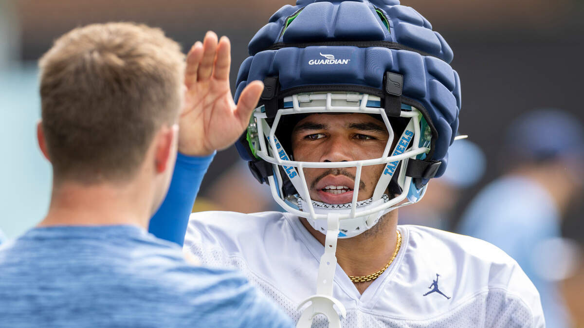 North Carolina defensive back Alijah Huzzie (28) reacts after completing a drill during the Tar Heels practice on Tuesday, August 6, 2024 in Chapel Hill, N.C.