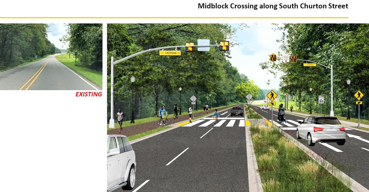 South Churton Street (Old N.C. 86) between Cates Creek Parkway and Waterstone Drive in Hillsborough could get a midblock crossing for pedestrians under a proposed road widening plan. A sidewalk and a multiuse path would be added on both sides of the road.