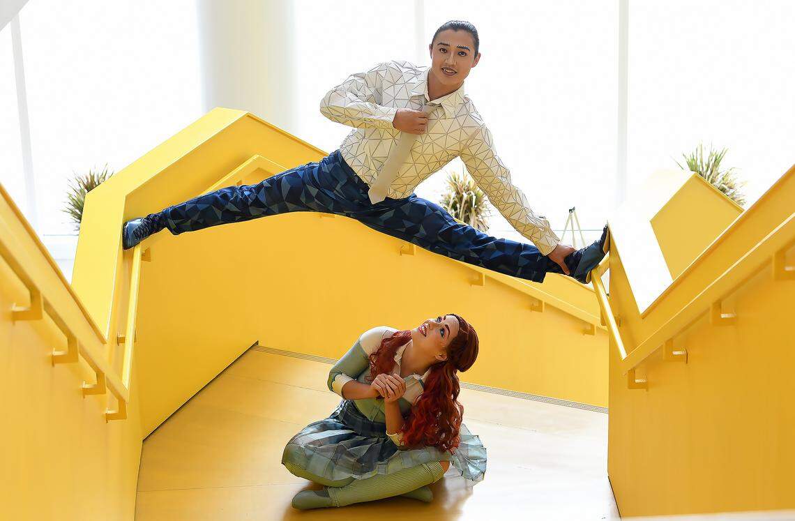 Lkhagva-Ochir (top) and Madeline Stammen, members of the cast of the new Cirque Du Soleil show “Crystal” pose for publicity photos at the Hunt Library on the campus of NC State University, Thursday, July 31, 2018.  Ochir is a former member of the Mongolian Circus and performs a chair balancing act in “Crystal”, Stammen iplays the lead role of Crystal. Cirque Du Soleil’s first venture into ice shows. The troupe will make a stop at the PNC Arena in Raleigh Aug.15-19.