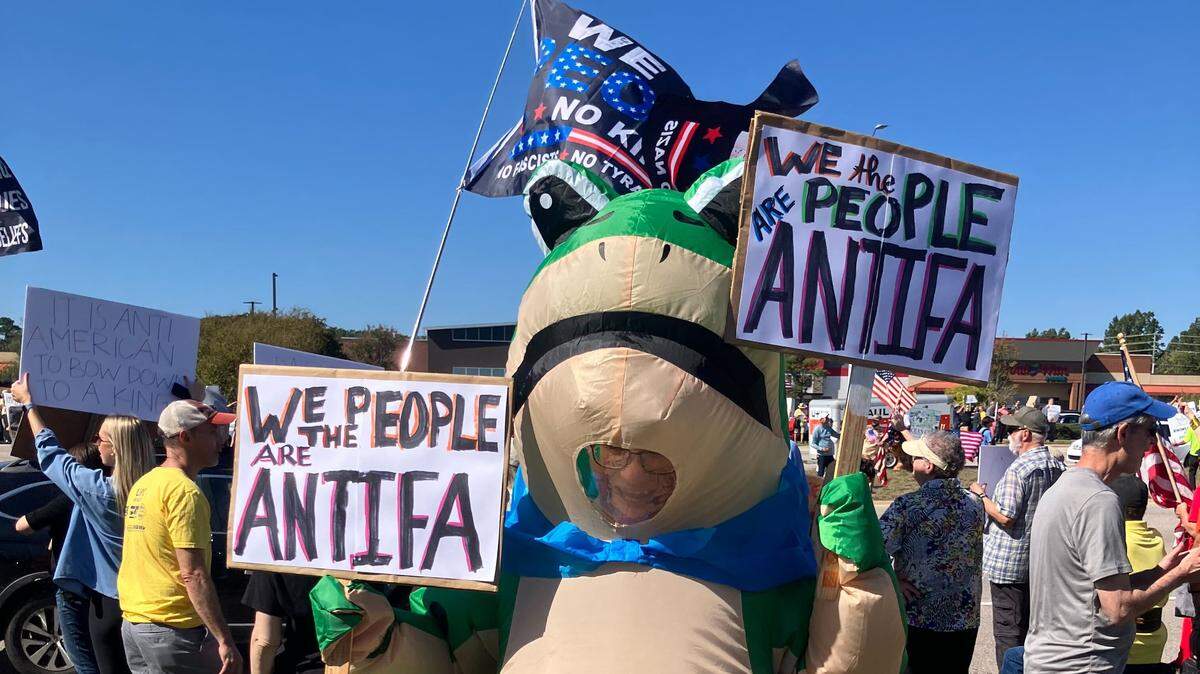 A costumed protester at the No Kings rally in Cary.