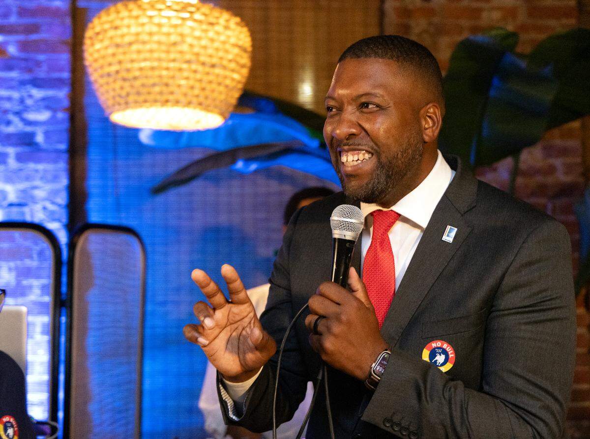 Durham mayor elect Leonardo Williams addresses supporters at The Velvet Hippo on election night, Tuesday, Nov. 7, 2023, in Durham, N.C.