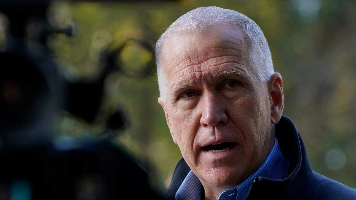 U.S. Sen. Thom Tillis, R-N.C., speaks to reporters during a visit to a poll location in Jetton Park Tuesday, Nov. 3, 2020, in Cornelius, N.C. (AP Photo/Chris Carlson)