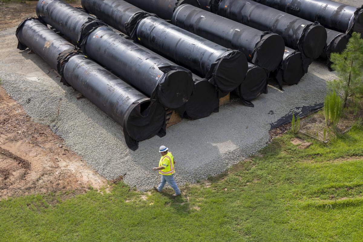 Pipes to be used from the expansion of TriRiver Water in Sanford, N.C., on Wednesday July 9, 2025. The plant expansion and pipeline with increase production from 12 to 30 million gallons of water by 2029, and will eventually pump water to Pittsboro, N.C. to service the growing Chatham Park development. 