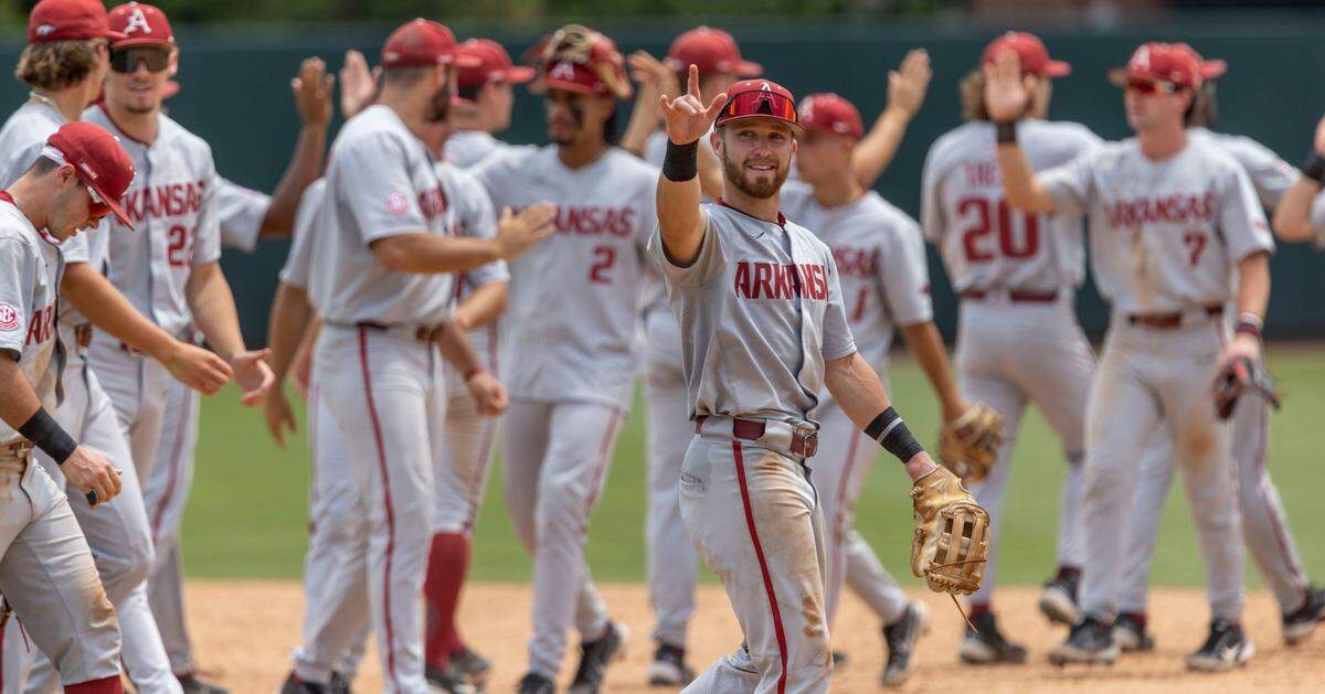 Arkansas celebrates their 4-1 victory over North Carolina in the first game of their Super Regional series on Saturday, June 11, 2022 at Boshamer Stadium in Chapel Hill, N.C.