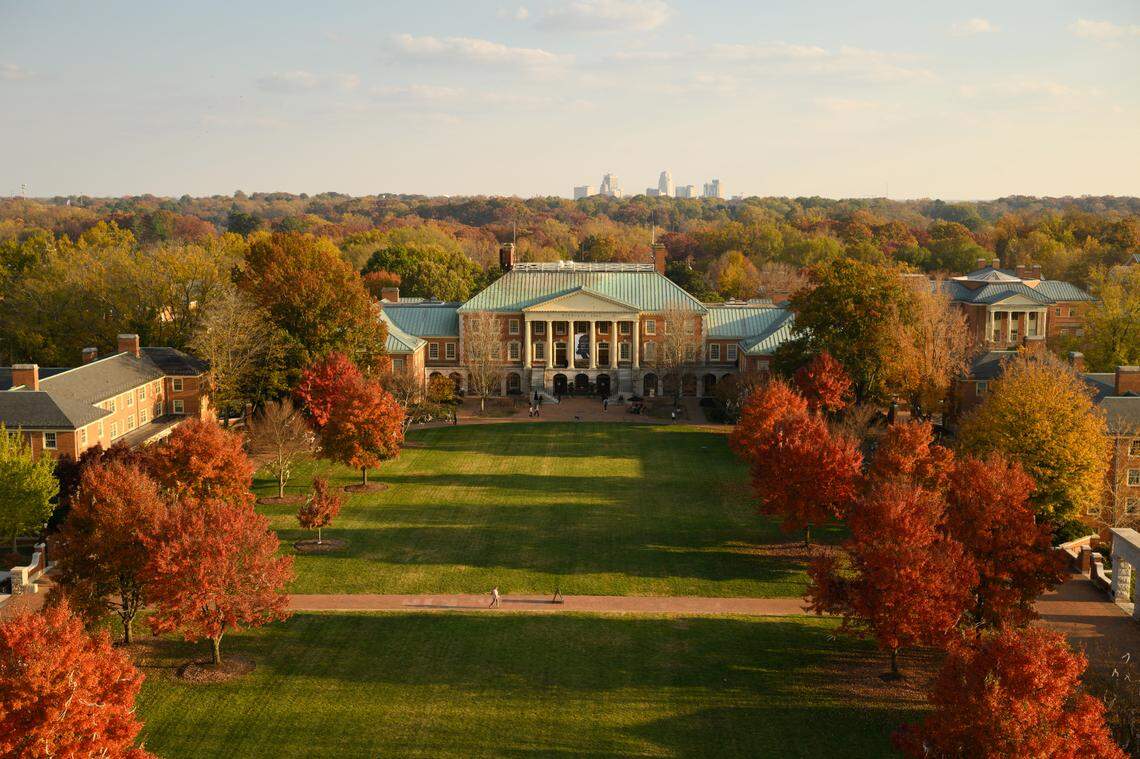 Hearn Plaza and Reynolda Hall are seen surrounded by fall colors in this aerial photo taken from Wait Chapel at Wake Forest University on Wednesday, November 8, 2023.