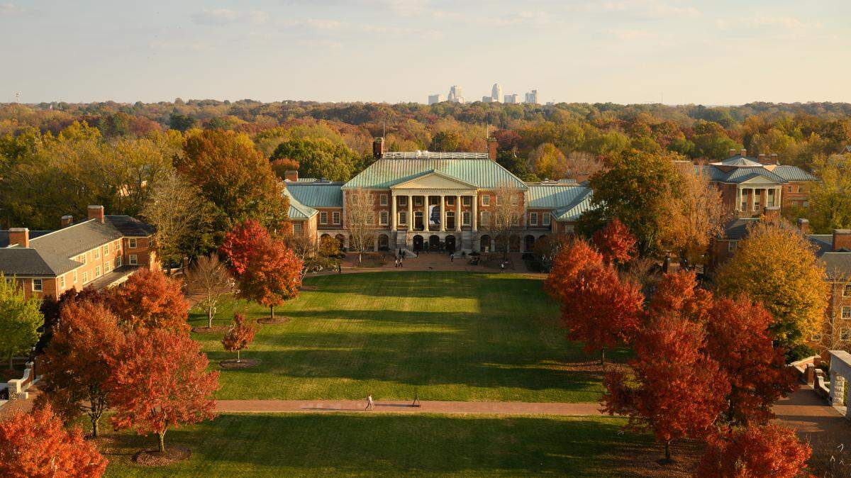Hearn Plaza and Reynolda Hall are seen surrounded by fall colors in this aerial photo taken from Wait Chapel at Wake Forest University on Nov. 8, 2023.