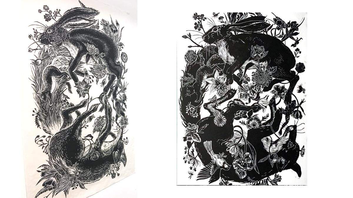Lauren Ralph’s “The Fox and Hare,” from Ralph’s exhibit, left, and Scandinavian artist Karin Rytter’s “Greenworld,” from her Instagram account.