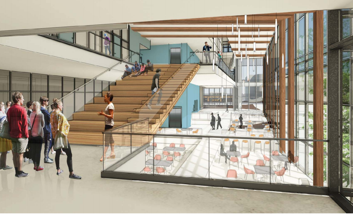 A rendering of the new three-story academic commons at the North Carolina School of Science and Mathematics. Renovations on the dining area are set to begin in summer 2021.
