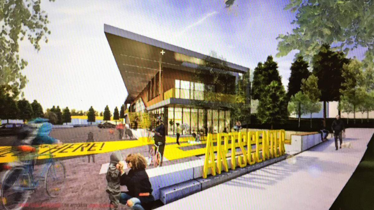 An architectural drawing shows the main entrance to The ArtsCenter building planned for 315 Jones Ferry Road in Carrboro.