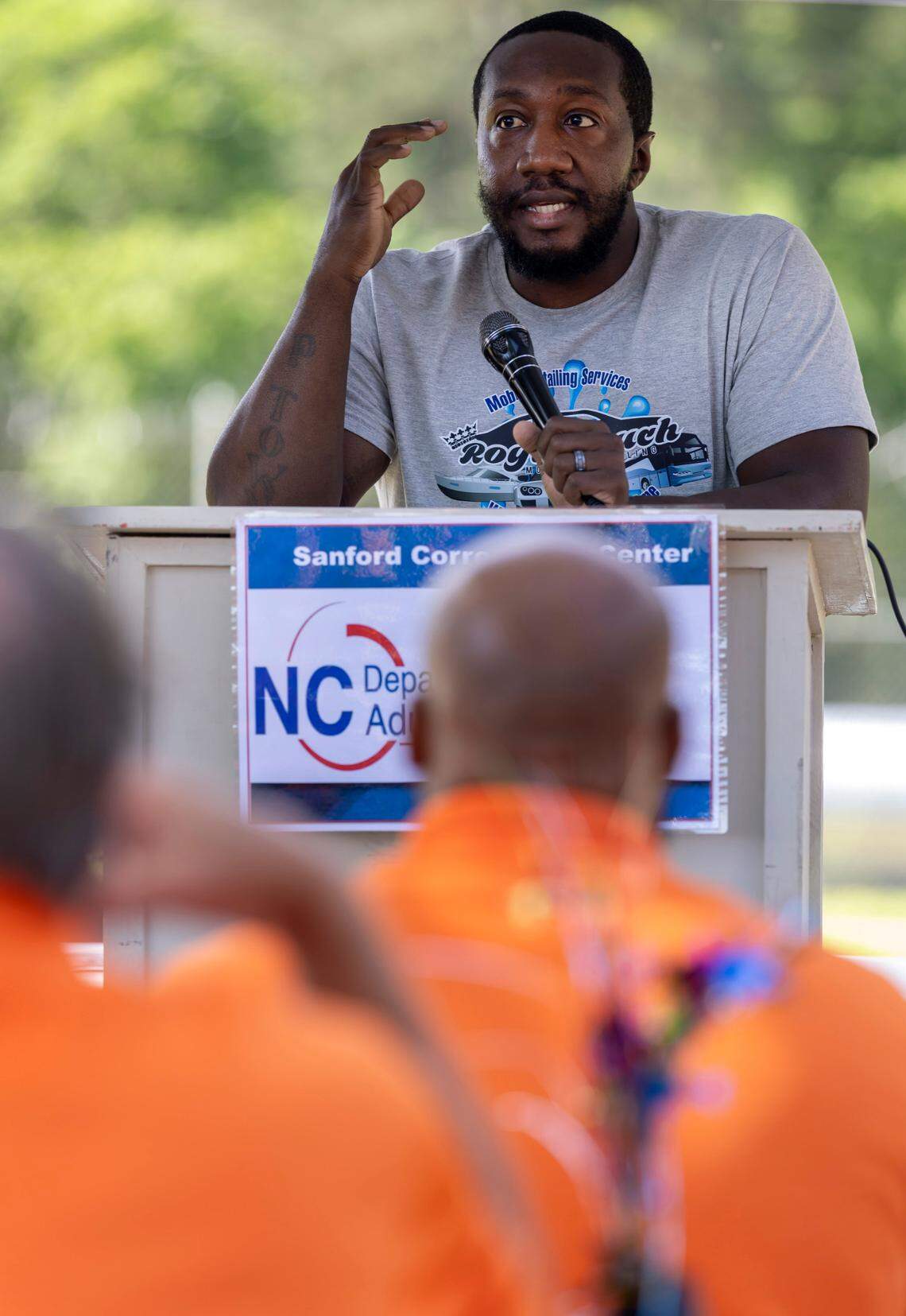 Brandon Lowery speaks to inmates about turning his life around and starting a business during a visit to Sanford Correctional Center on Monday, May 19, 2025 in Sanford, N.C. Lowery was a former inmate in Sanford who has successfully started two businesses.