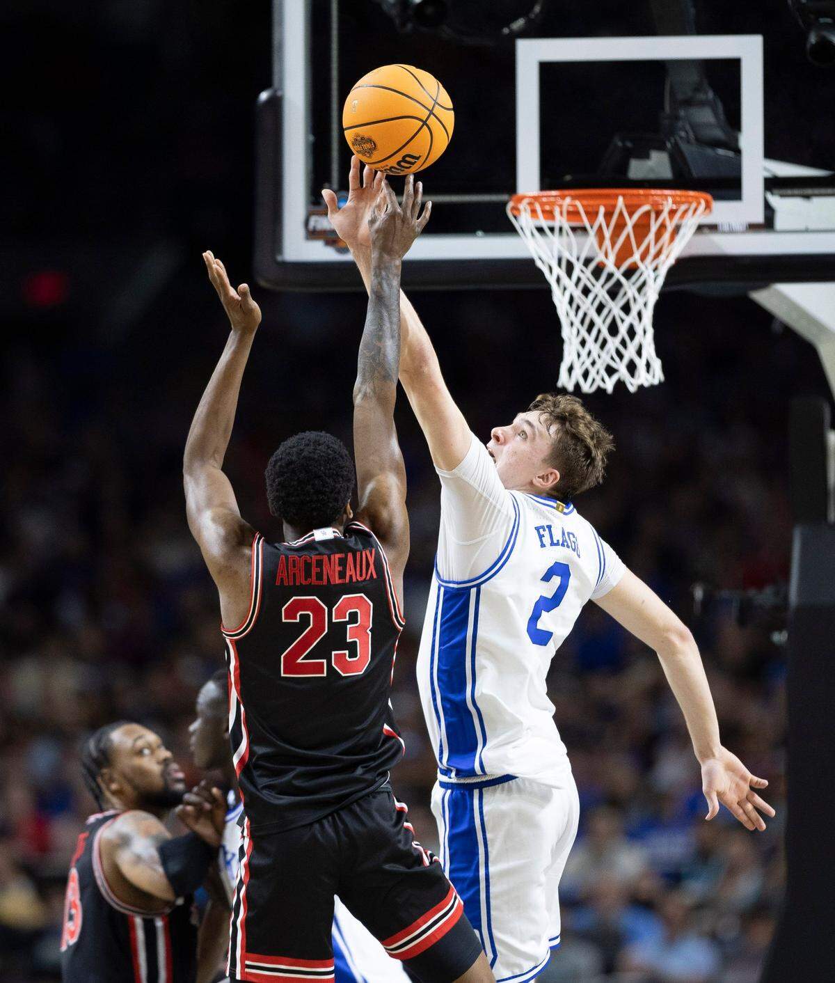 Duke forward Cooper Flagg (2) defends Houston guard Terrance Arceneaux (23) in the first half on Saturday, April 5, 2025 during the NCAA national semi final game at the Alamodome in San Antonio, TX.