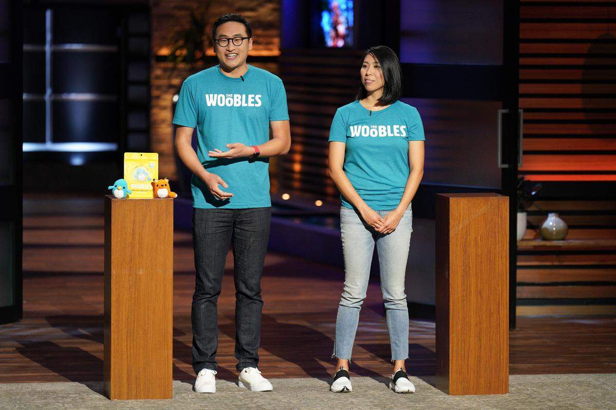 Adrian Zhang and Justine Tiu, founders and husband-and-wife team behind The Woobles, appear on ABC’s “Shark Tank” Sept. 30, 2022.