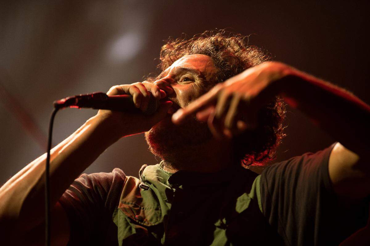 Rage Against the Machine’s Zack de la Rocha holds forth in concert, Sunday night, July 31, 2022 at Raleigh, N.C.’s PNC Arena.