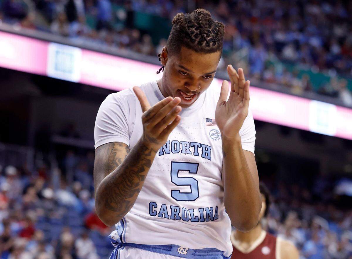 North Carolina’s Armando Bacot (5) celebrates after making the basket while being fouled during the first half of UNC’s game against Boston College in the second round of the New York Life ACC Men’s Basketball Tournament in Greensboro, N.C., Wednesday, March 8, 2023.